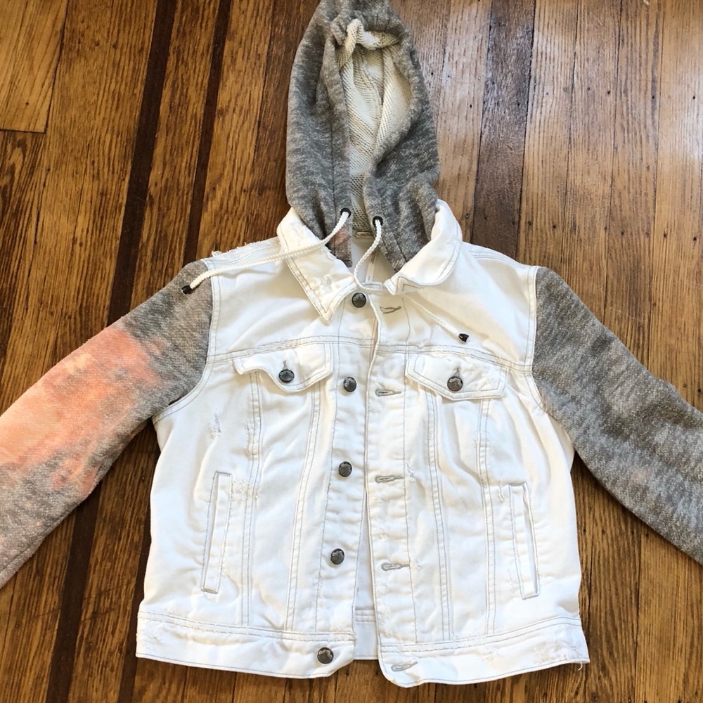 Free People denim jacket with knit hood/sleeves